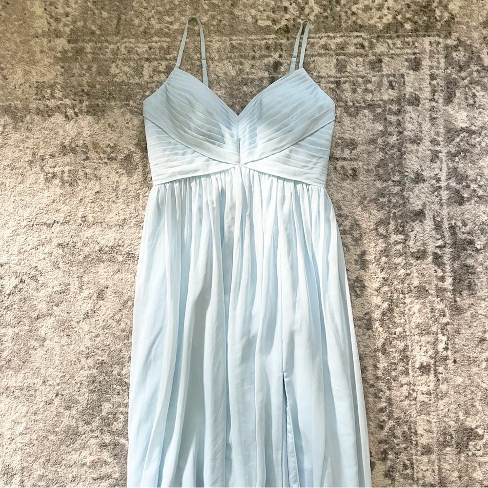 Azazie Alia Sky Blue Spaghetti Strap Floor Length Dress with Slit and Pockets